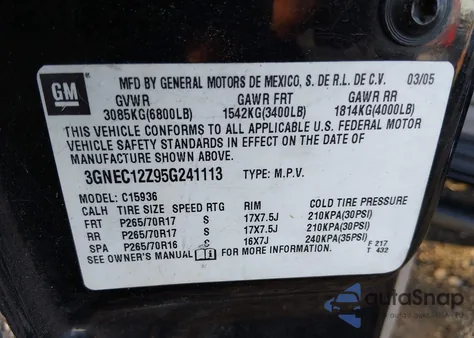 2005 Chevrolet Avalanche 1500 Z66 из США, поврежденный, VIN 3GNEC12Z95G241113